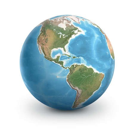 Planet Earth globe, isolated on white. Geography of the world from space, focused on North and South America - 3D illustrationの写真素材