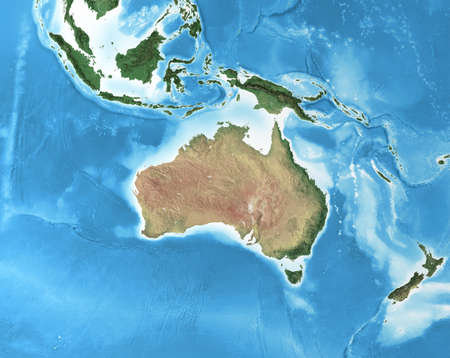 Physical map of Australia, with high resolution details. Flattened satellite view of Planet Earth, its geography and topography. 3D illustration - Elements of this image furnished by NASAの写真素材