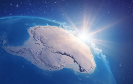 Sunrise through clouds, upon a high detailed satellite view of Planet Earth, focused on South Pole,...