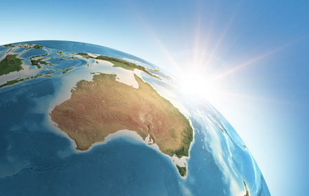 Sun shining over a high detailed view of Planet Earth, focused on Australia. 3D illustrationの写真素材