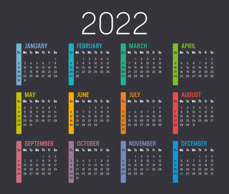 Colorful year 2022 calendar, isolated on a dark background. Vector template.のイラスト素材