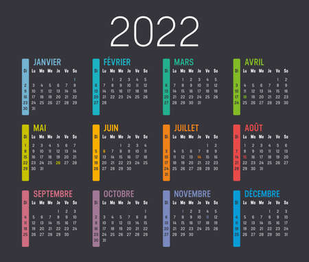 Colorful year 2022 calendar, in French language, isolated on a dark background. Vector template.のイラスト素材