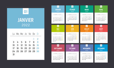 Year 2022 colorful minimalist monthly calendar, in French language, on black background. Vector template.のイラスト素材