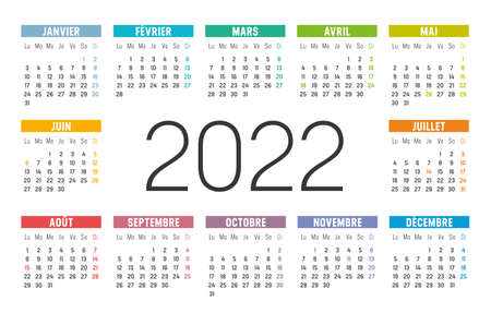 Year 2022 one page colorful calendar, in French language, on white background. Vector template.のイラスト素材
