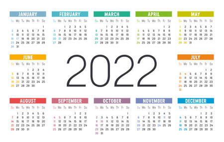 Year 2022 one page colorful calendar, on white background. Vector template.のイラスト素材