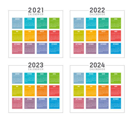 Years 2021 2022 2023 2024 colorful calendars set, isolated on white, in French language. Vector templates.のイラスト素材