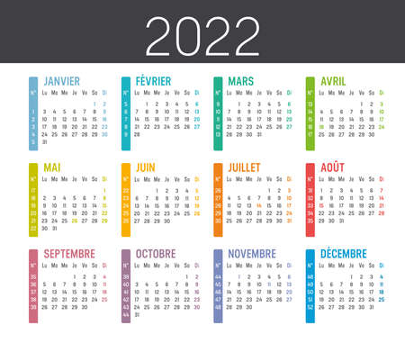 Colorful year 2022 calendar, with weeks numbers, in French language, isolated on a white background. Vector template.のイラスト素材