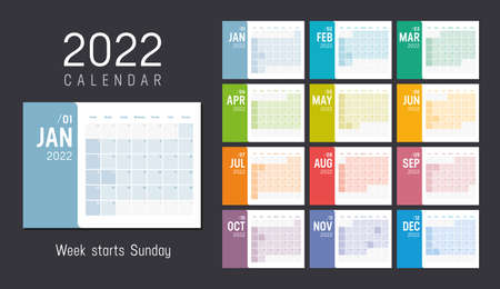 Year 2022 colorful minimalist monthly calendar on black background. Week starts Sunday. Vector template.のイラスト素材