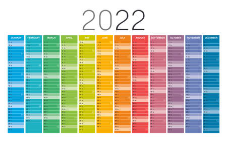 Year 2022 colorful wall calendar, with weeks numbers, on white background. Vector template.のイラスト素材