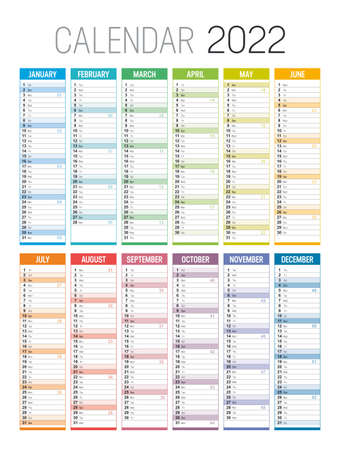 Year 2022 colorful calendar, on white background. Vector template.のイラスト素材