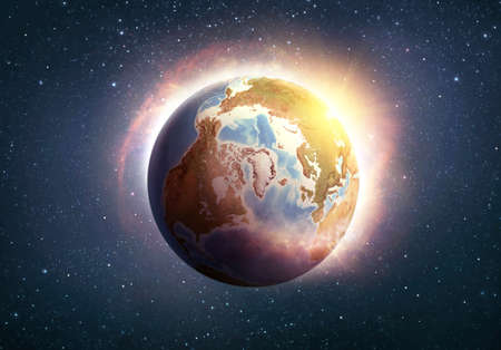 Global warming, climate change, worldwide disaster on Planet Earth, North Pole: Arctic Ocean and Greenland. 3D illustrationの写真素材