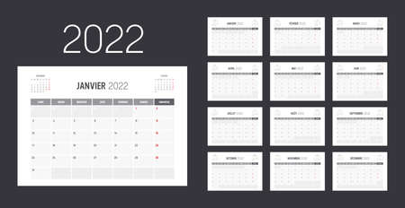 Year 2022 monthly calendar, in French language. Vector template.のイラスト素材