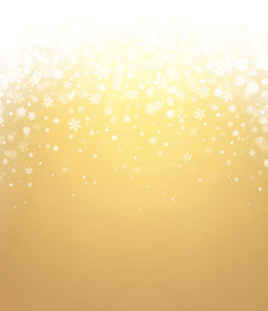 Golden winter. Snowflakes shapes and snowfall on a frozen gold background.の写真素材