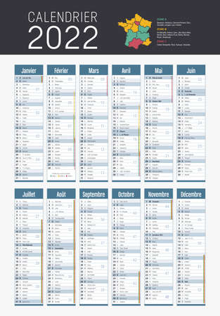 Year 2022 calendar in French language, on white background. Vector templateのイラスト素材