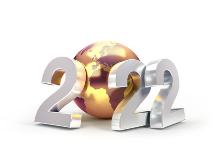 2022 New Year date number composed with a golden planet earth, isolated on white - 3D illustrationの写真素材