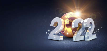 Happy New Year 2022 greeting card: silvery date numbers with a gold earth globe, shining on a black background - 3D illustrationの写真素材