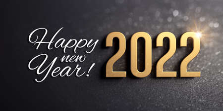 Happy New Year greetings and 2022 date number colored in gold, on a glittering black car - 3D illustrationの写真素材
