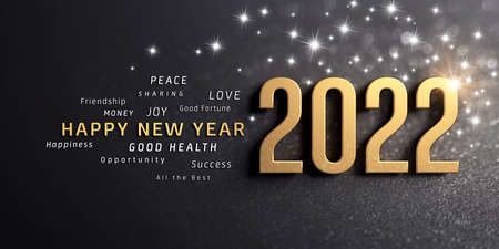 Happy New Year greetings and 2022 date number colored in gold, on a glittering black cardの写真素材