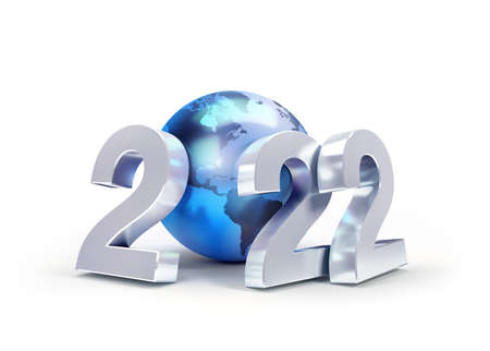 2022 New Year silver date number composed with a blue earth globe, isolated on white - 3D illustrationの写真素材