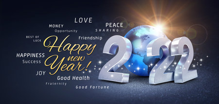 Happy New Year greetings, best wishes and 2022 date number, composed with a blue colored planet earth, on a festive black background, with glitters and stars - 3D illustrationの写真素材