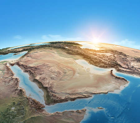 Physical map of Planet Earth, focused on Saudi Arabia, Arabian Peninsula. Satellite view of Middle East, sun shining on the horizon. 3D illustrationの写真素材
