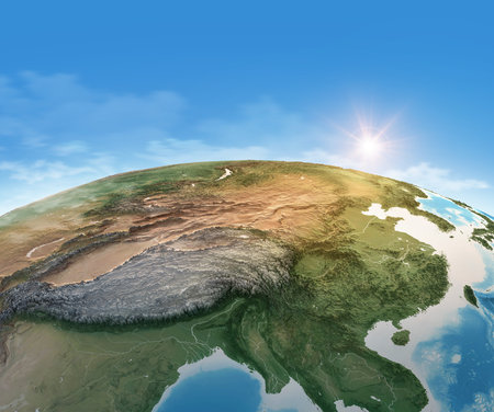 Physical map of Planet Earth, focused on China, East Asia. Satellite view, sun shining on the...