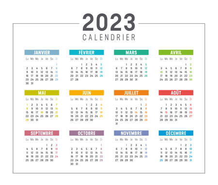 Colorful year 2023 calendar, in French language isolated on white background. Vector template.のイラスト素材