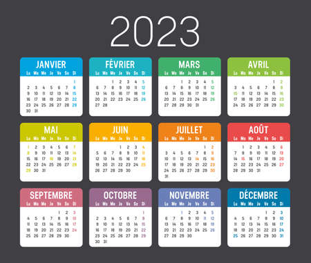 Colorful year 2023 calendar, in French language, isolated on a dark backgroundのイラスト素材
