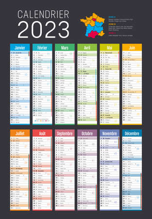 Year 2023 colorful calendar, in French language, on dark gray background. Vector templateのイラスト素材