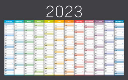 Year 2023 colorful wall calendar, with weeks numbers, on dark background. Vector template.のイラスト素材