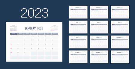 Year 2023 monthly calendar. Week starts Sunday. Vector template.のイラスト素材