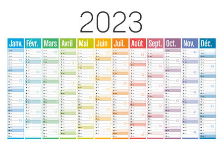 Year 2023 colorful calendar, in French language, on white background. Vector template.のイラスト素材