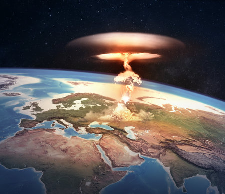 Atomic bomb explosion on Europe. Nuclear war starting with a mushroom cloud, dangers of nuclear energy for planet Earth, end of the world. 3D illustration.の写真素材