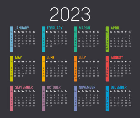 Colorful year 2023 calendar, isolated on a dark background. Vector template.のイラスト素材