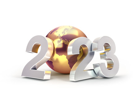 2023 New Year date number composed with a golden planet earth, isolated on white - 3D illustrationの写真素材