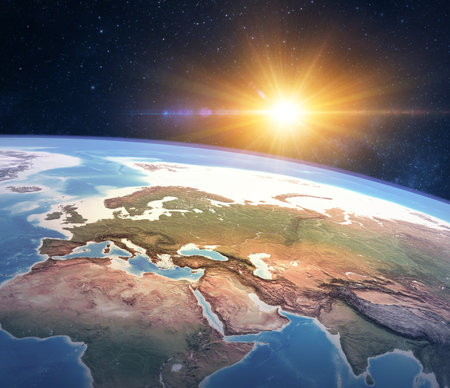 High angle satellite view of Planet Earth, focused on Europe, East Asia and North Africa, sun shining in outer space. 3D illustrationの写真素材