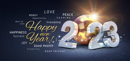 Happy New Year greetings, best wishes and 2023 date number, composed with a gold colored planet earth, on a festive black background, with glitters and stars - 3D illustrationの写真素材