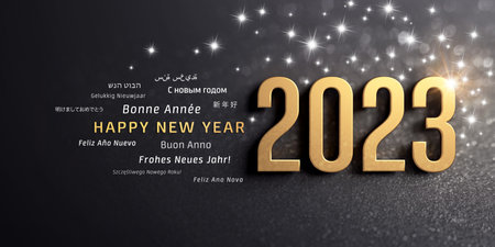 Happy New Year greetings in several languages and 2023 date number, colored in gold, on a festive black background, with glitters and stars - 3D illustrationの写真素材