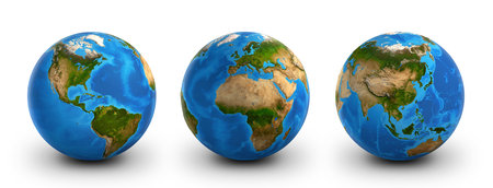Planet Earth globes, highly detailed. Satellite view of the world, focused on America, Asia, Europe and Africa - 3D illustrationの写真素材