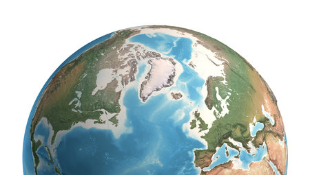 High resolution satellite view of Planet Earth, focused on North Pole, Arctic Ocean and Greenland - 3D illustrationの写真素材