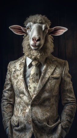 White sheep dressed in an elegant suit with a nice tie. Fashion portrait of an anthropomorphic animal, shot in a charismatic human attitude - Generative AIの素材