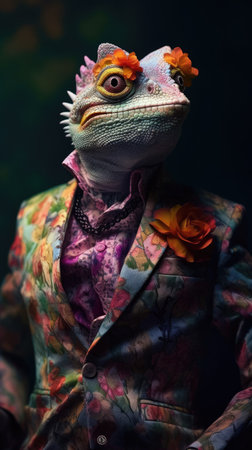 Chameleon dressed in an elegant floral suit. Fashion portrait of an anthropomorphic animal, shot in a charismatic human attitude - Generative AIの素材