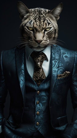 Wild cat dressed in an elegant and with a nice tie. Fashion portrait of an anthropomorphic animal, feline, shot in a charismatic human attitude - Generative AIの素材
