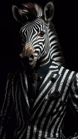 Zebra dressed in an elegant suit with a nice tie. Fashion portrait of an anthropomorphic animal, shot in a charismatic human attitude - Generative AIの素材