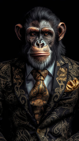Monkey dressed in an elegant suit with a nice tie. Fashion portrait of an anthropomorphic animal, chimpanzee, chimp, shot in a charismatic human attitude - Generative AIの素材