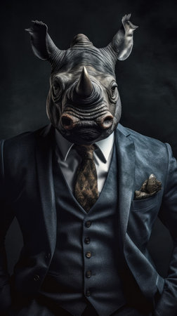 Rhinoceros dressed in an elegant suit with a nice tie. Fashion portrait of an anthropomorphic animal, shot in a charismatic human attitude - Generative AIの素材