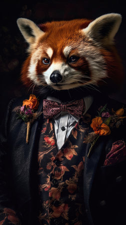 Red panda dressed in an elegant suit with a nice tie. Fashion portrait of an anthropomorphic animal, shot in a charismatic human attitude - Generative AIの素材