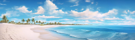 Paradise beach with palm trees, calm ocean, sunshine and blue sky. Panoramic banner of a peaceful landscape - Generative AIの素材