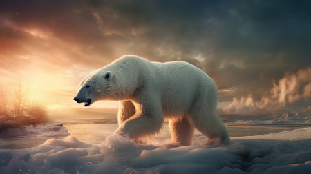 Polar bear threatened by climate change and global warming, trying to survive on melting ice, in spectacular wildlife landscape - Generative AIの素材