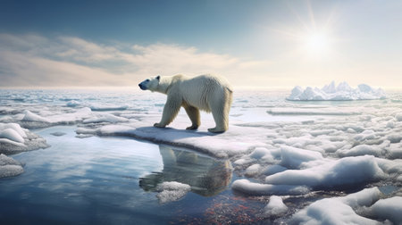 Polar bear threatened by climate change and global warming, walking on melting ice in the heat of the sun - Generative AIの素材